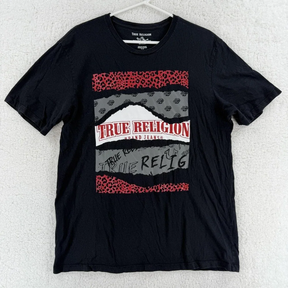 True‎ Religion Brand Jeans Shirt Mens XL Black Leopard Logo Graphic Tee T-Shirt